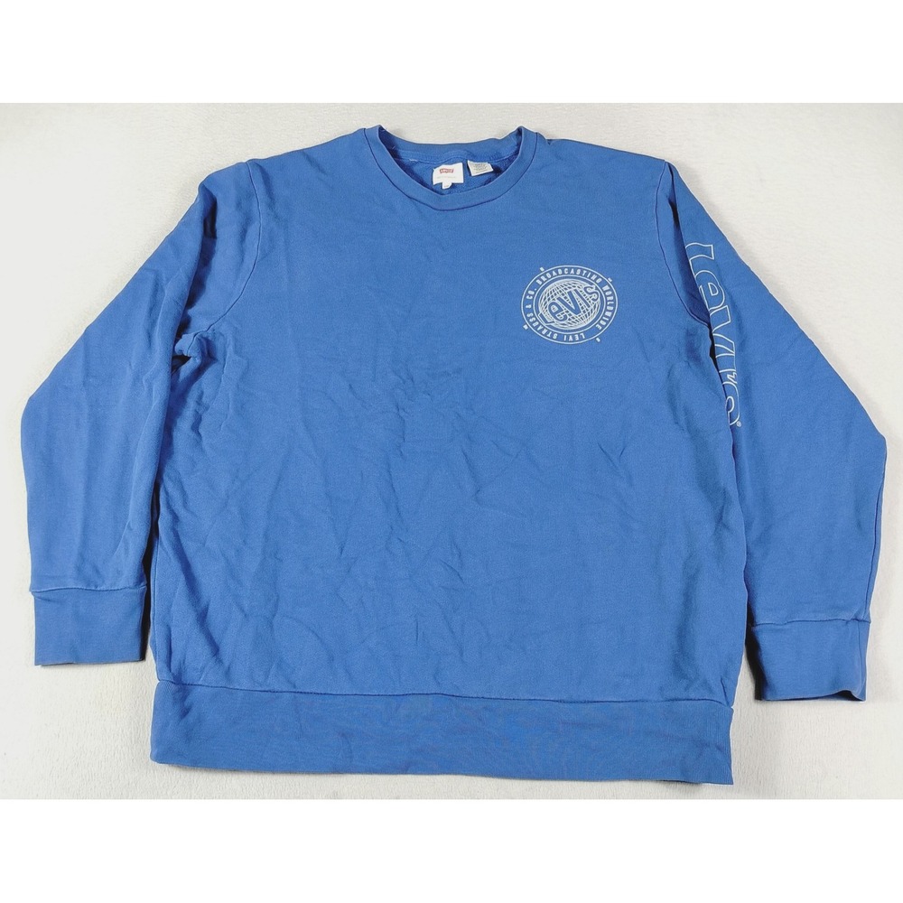 Levi's Sweatshirt Mens 2XL Blue Crewneck Pullover Sleeve Logo Graphic Fleece